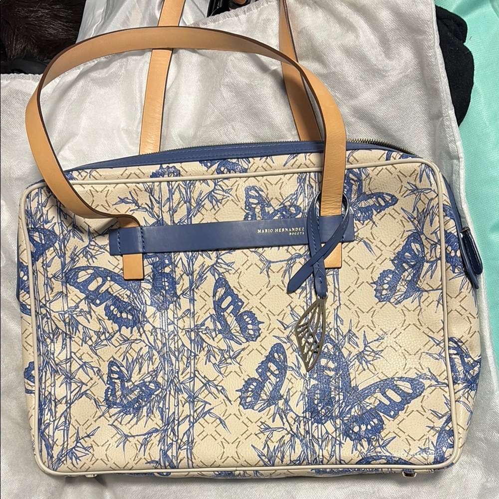 NWT Real leather Mario Hernandez Blue and Cream Butterfly laptop bag 13”